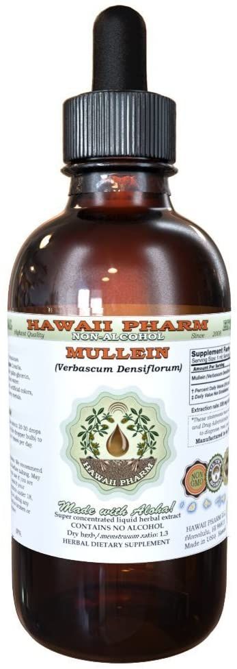 Hawaii Pharm Mullein Alcohol-Free Liquid Extract, Organic Mullein (Verbascum densiflorum) Dried Flower Glycerite Natural Herbal Supplement, USA 2 oz Tinctures Tincture
