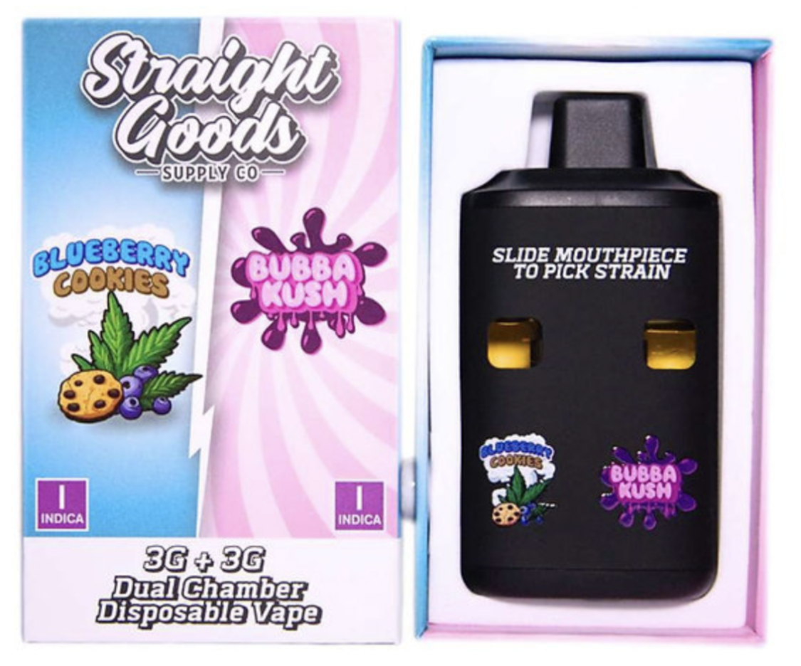 Straight Goods Straight Goods Dual Chamber Vape – Blueberry Cookies (Indica) + Bubba Kush (Indica) (3 Grams + 3 Grams) Vaporizers Disposable