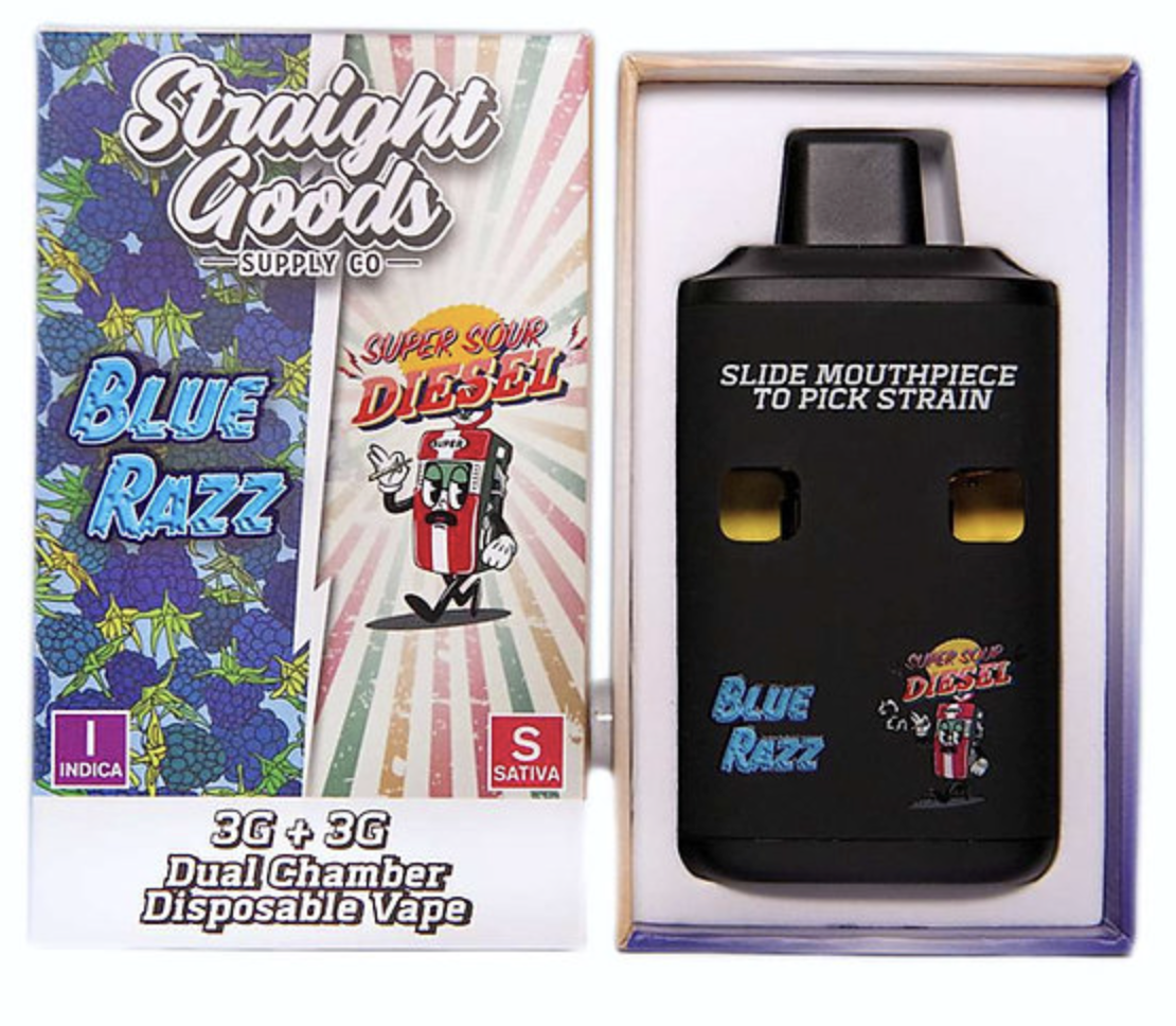 Straight Goods Straight Goods Dual Chamber Vape – Blue Razz (Indica) + Super Sour Diesel (Sativa) (3 Grams + 3 Grams) Vaporizers Disposable